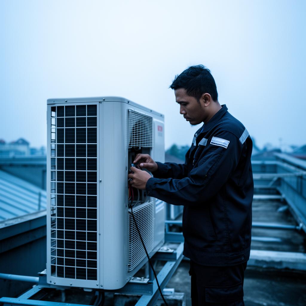 Teknisi VISION mengerjakan unit AC outdoor